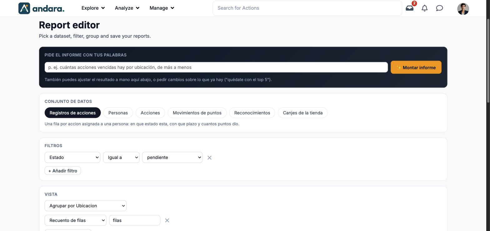 Report editor with the ask-in-your-own-words block, the six datasets, a filter and the view with grouping and a row count