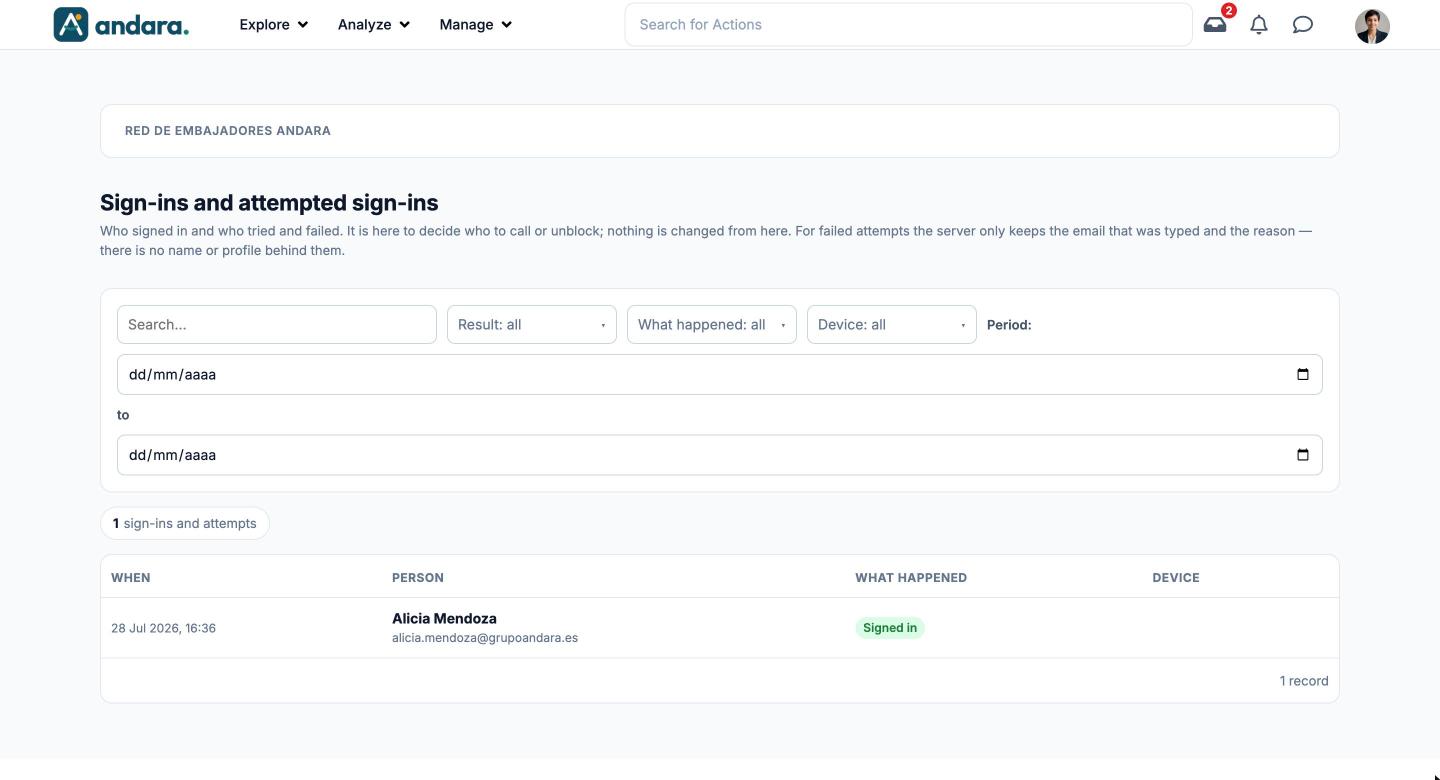 Sign-ins and attempted sign-ins screen with the search box, the result, reason and device filters, the period and the list of sign-ins