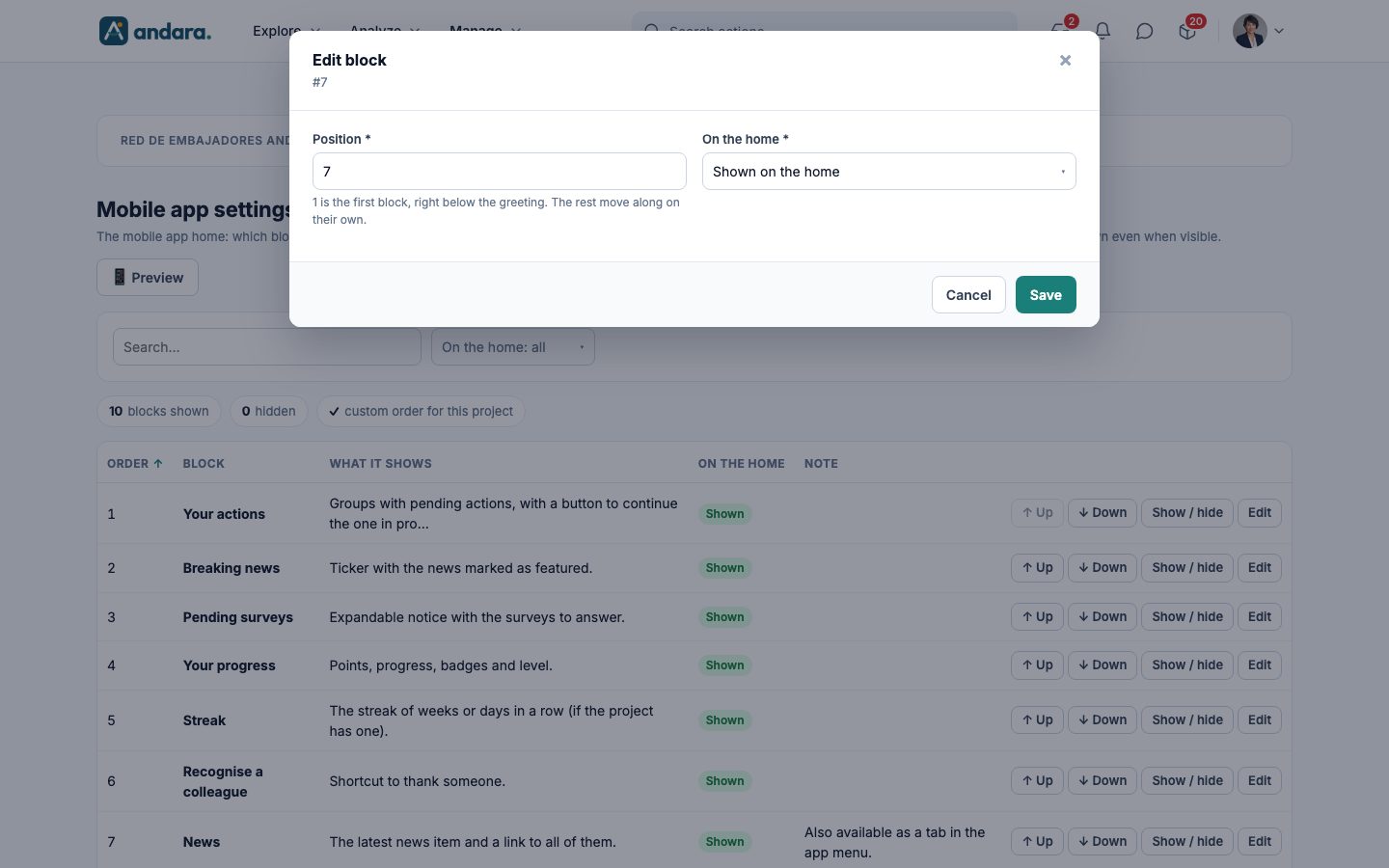 Edit block form with the Position and On the home fields and the Cancel and Save buttons