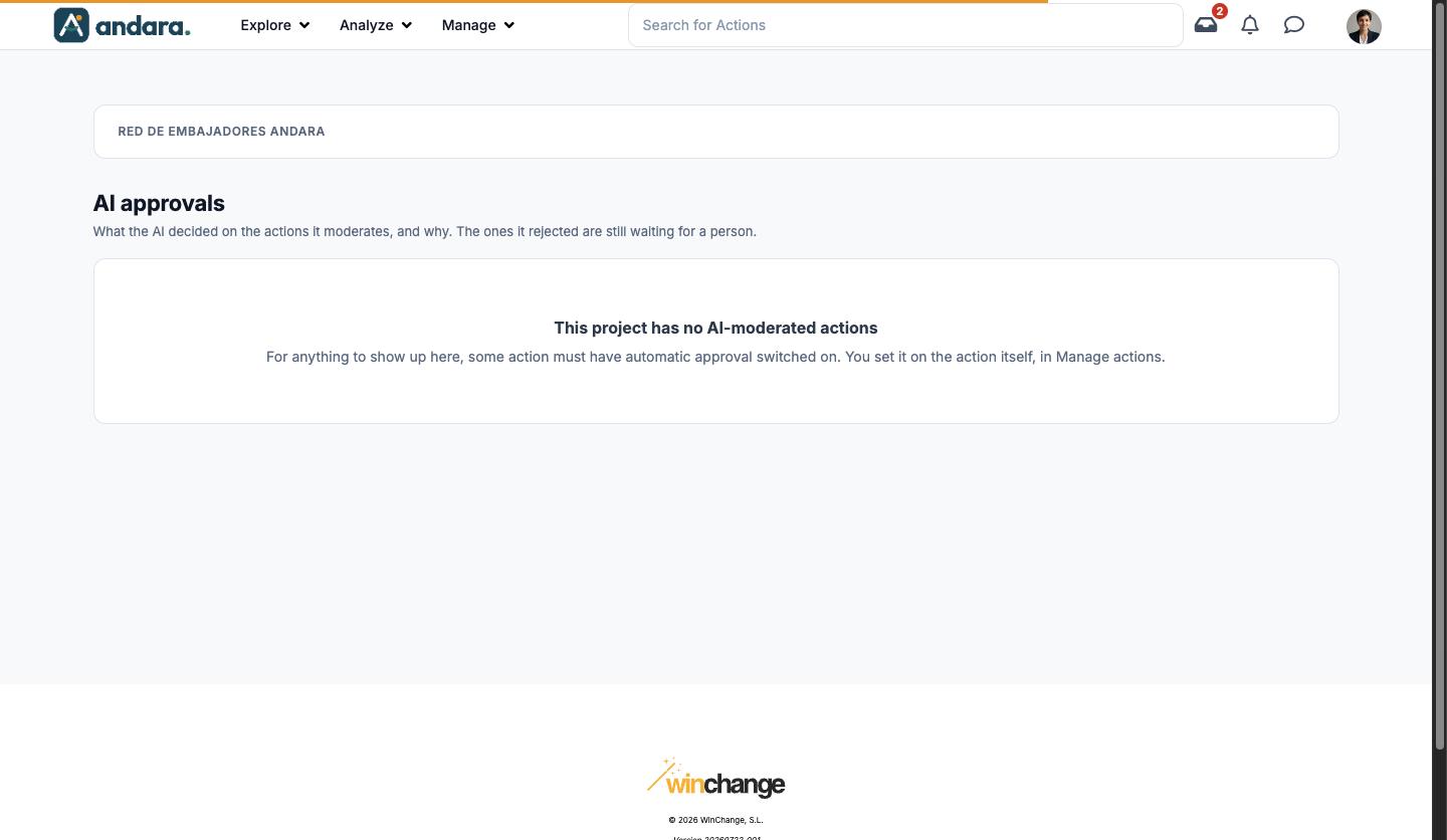 AI approvals screen with the notice This project has no AI-moderated actions