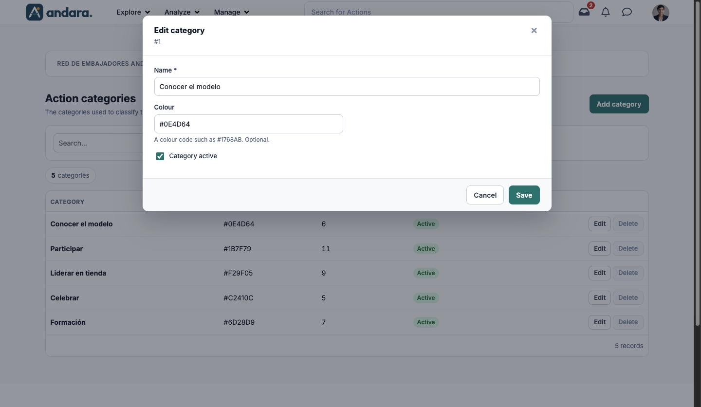 Edit category form with the Name and Colour fields and the Category active tick box