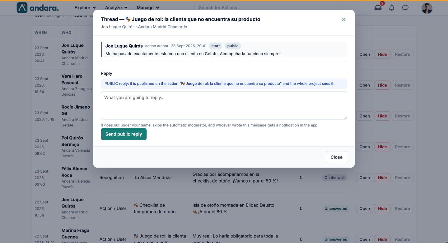 Thread window for an action with the original message, the public reply notice, the reply box and the Send public reply button