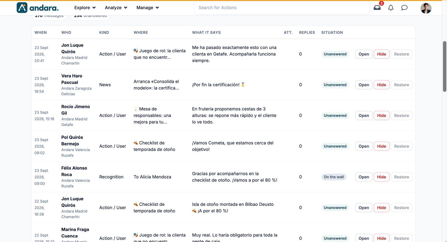List of comments with author, kind, where, text, replies, situation and the Open, Hide and Restore buttons
