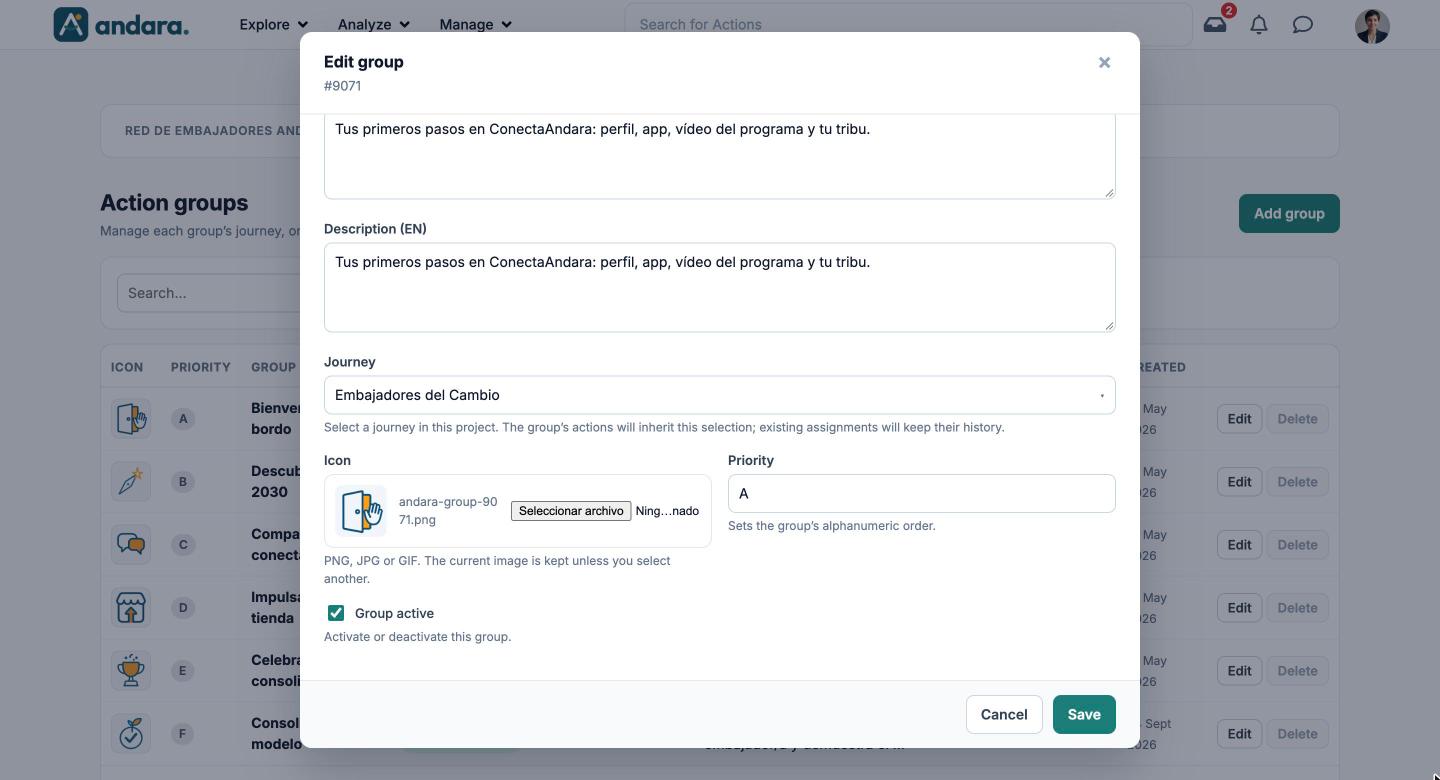 Lower part of the Edit group form with journey, icon, priority and the Group active box