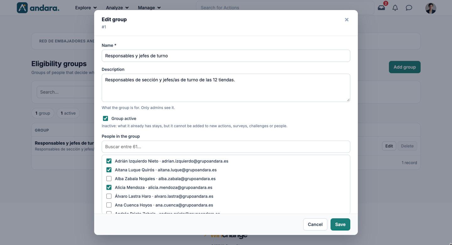 Edit group form with name, description, the Group active tick box and the list of people with tick boxes