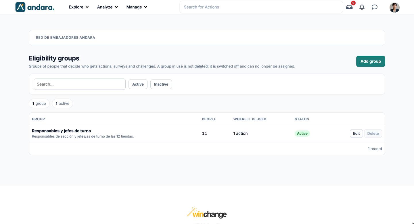 Eligibility groups screen with the search box, the filters, the counters and a group in use with the Delete button greyed out
