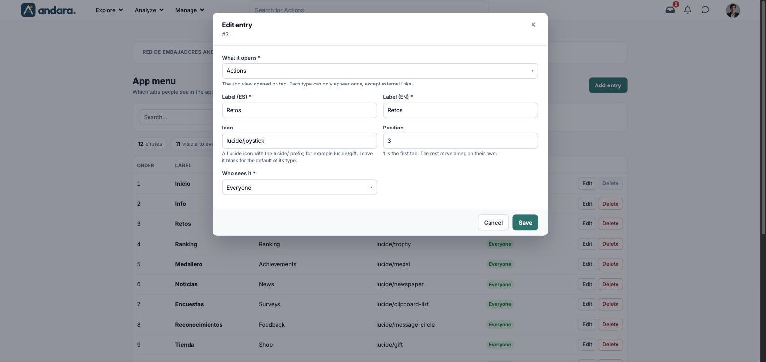 Edit entry form with What it opens, Spanish and English labels, Icon, Position and Who sees it