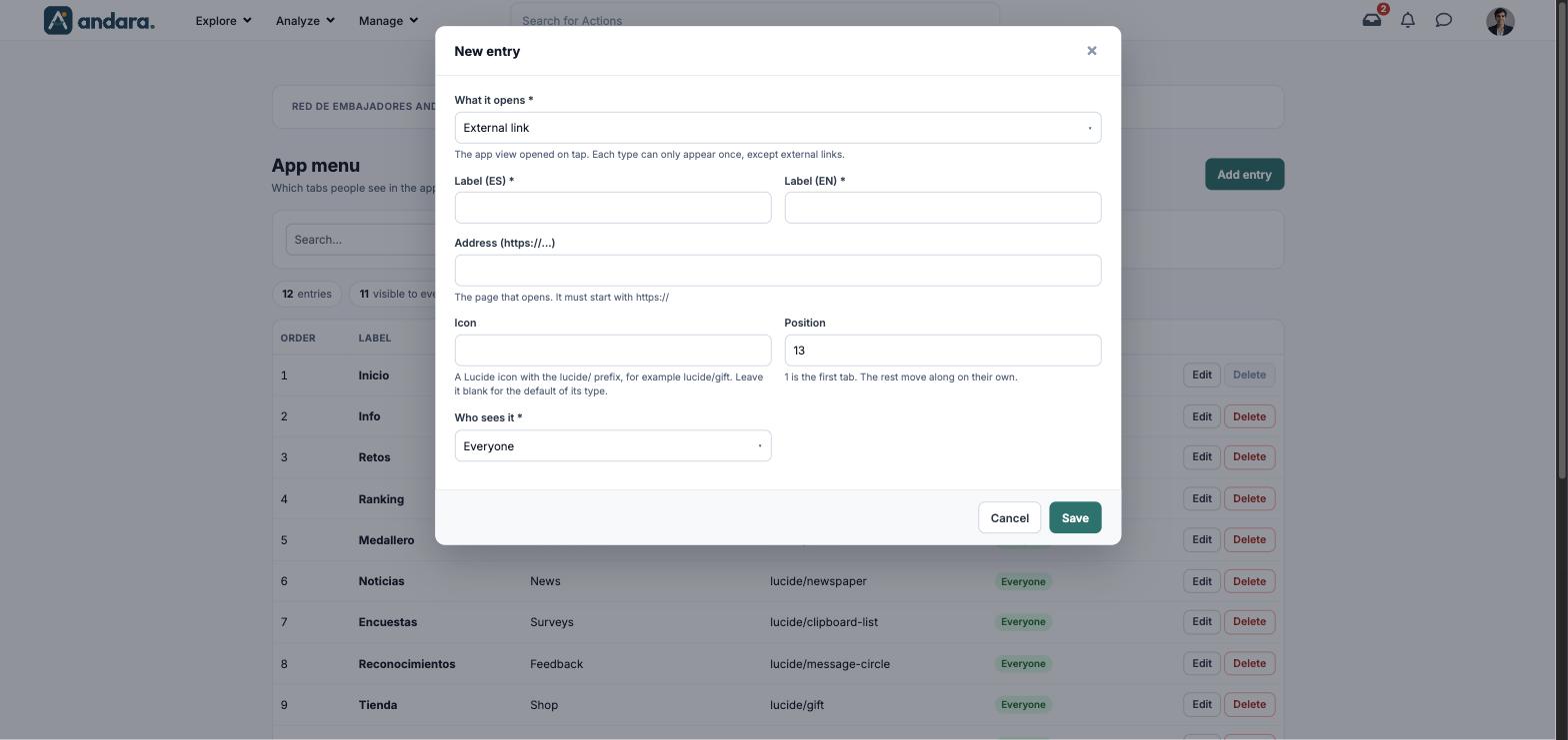 New entry form with What it opens set to External link and the Address field that appears for that type