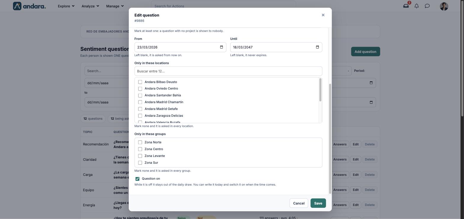 Lower part of the form: locations, groups and the Question on tick box