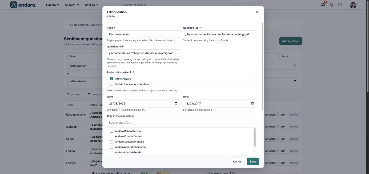 Edit question form with the topic, the question in both languages, the projects, the dates and the locations list