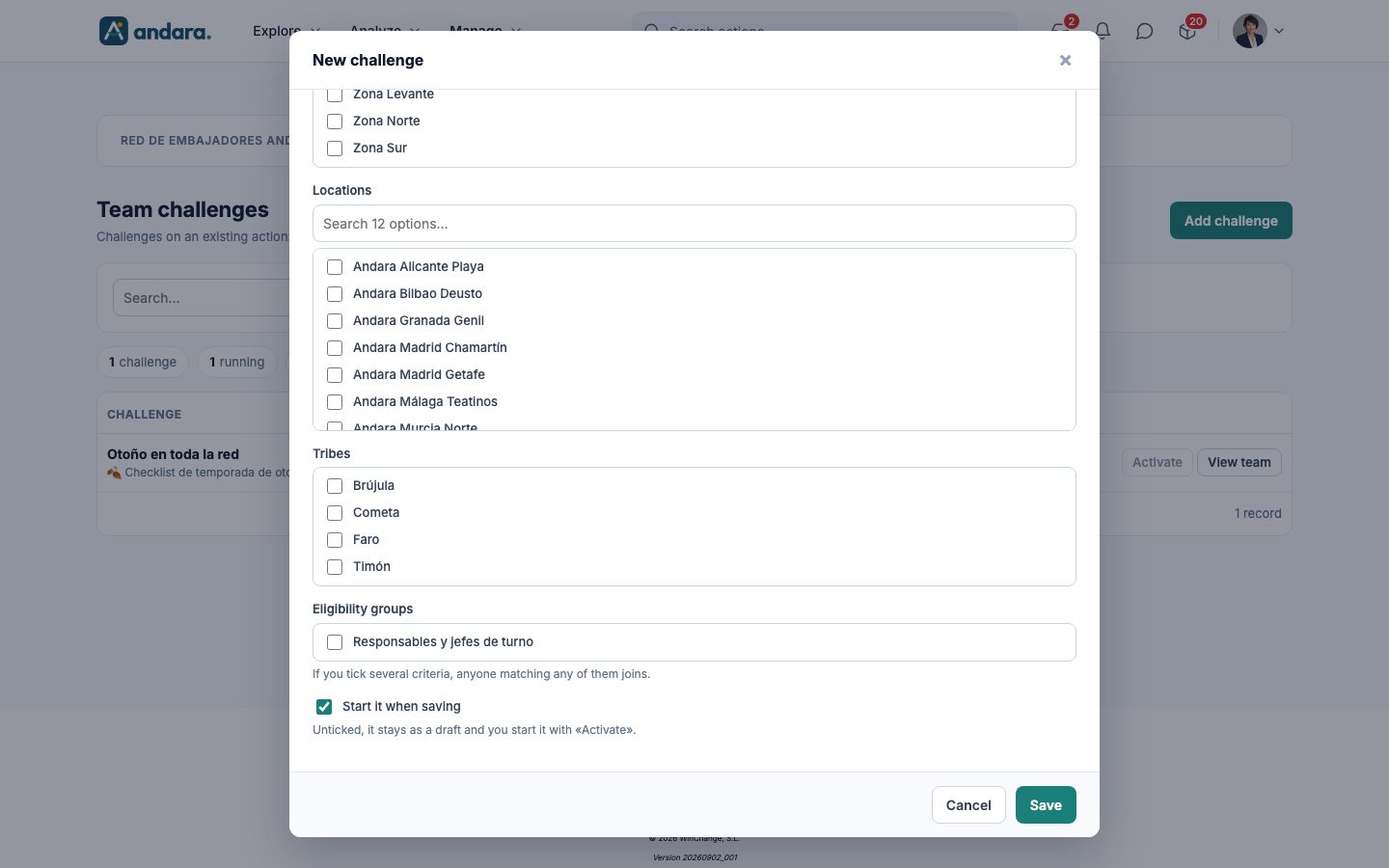 End of the form: location, tribe and eligibility group tick boxes and the Start it when saving tick box