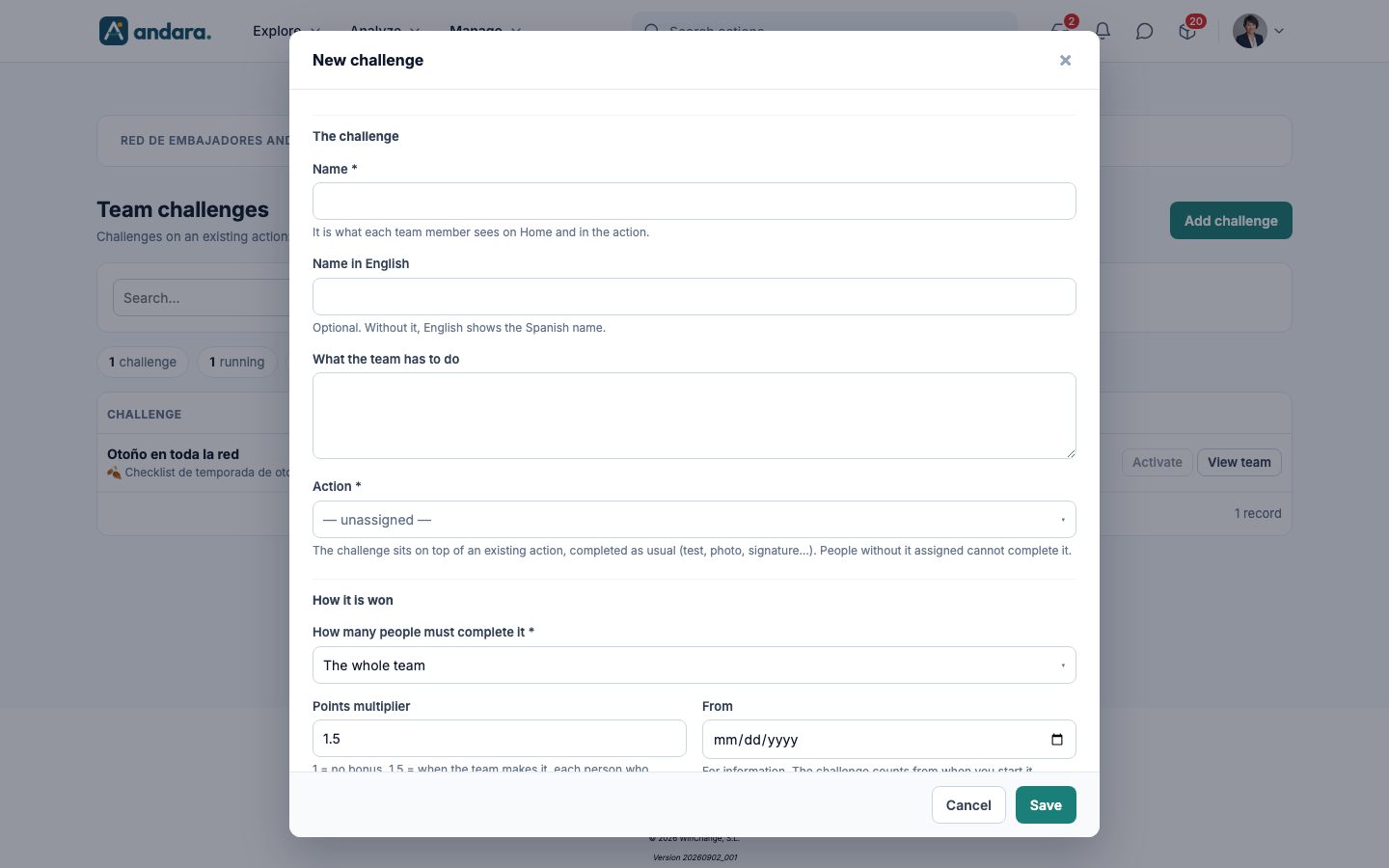 New challenge form with The challenge block: name, name in English, what the team has to do and action