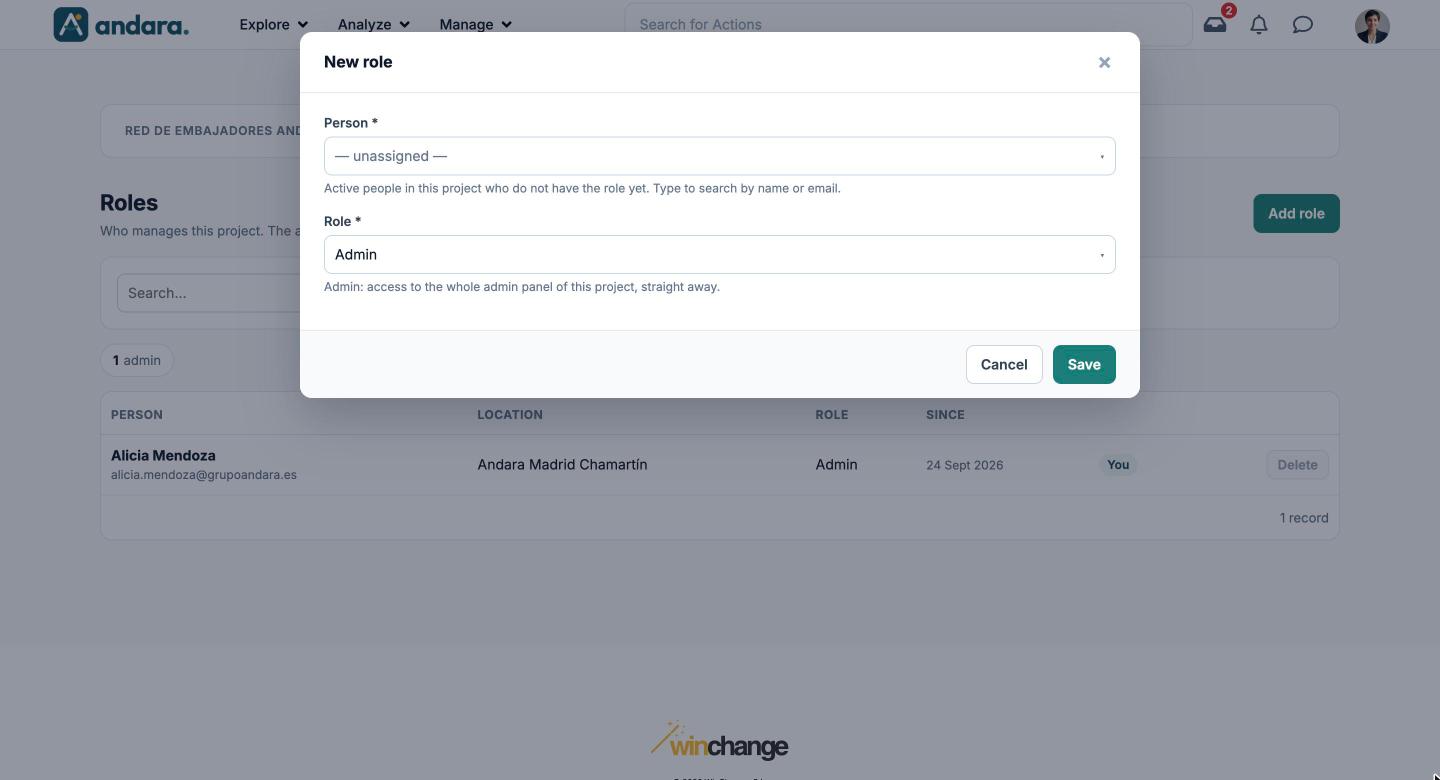 New role form with the Person and Role fields