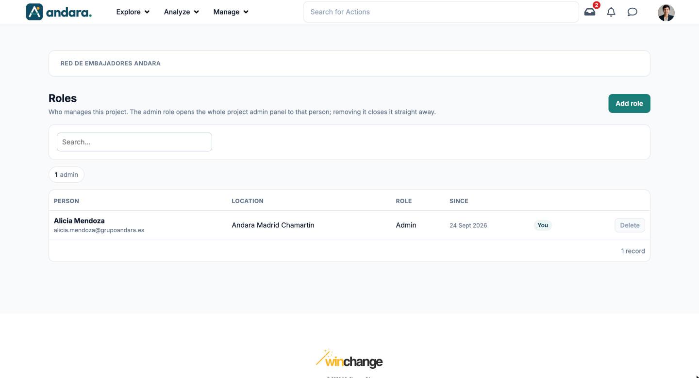 Roles screen with the search box, the admins counter and the list of people with their location, role and date, and the Delete button greyed out on your own row