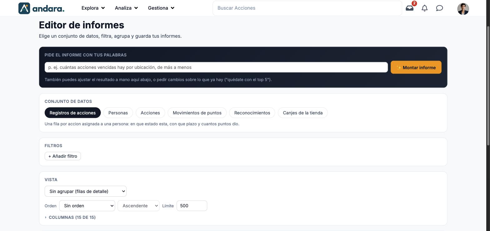 Editor de informes con el bloque Pide el informe con tus palabras, los seis conjuntos de datos, el bloque de filtros y la vista con agrupación, orden y límite