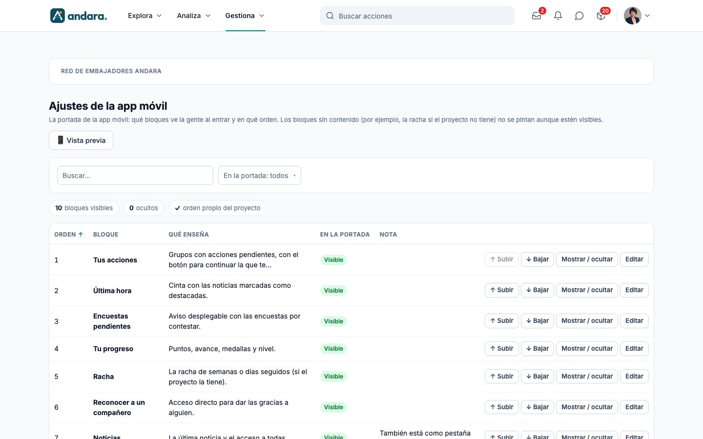 Pantalla Ajustes de la app móvil con el botón Vista previa, el buscador, el filtro En la portada, los contadores y la lista de bloques con su orden, qué enseñan, si se ven y los botones Subir, Bajar, Mostrar / ocultar y Editar