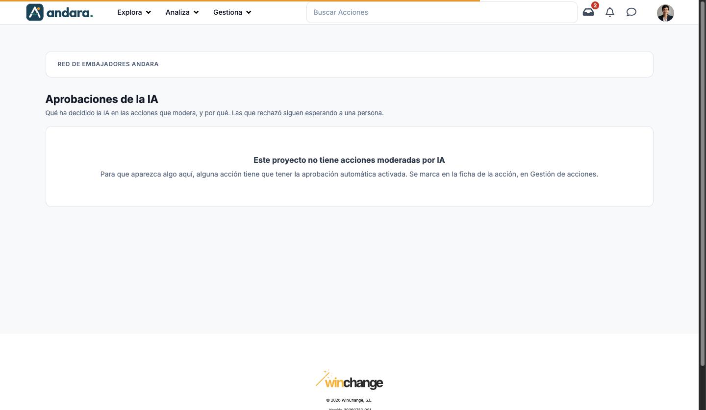 Pantalla Aprobaciones de la IA con el aviso Este proyecto no tiene acciones moderadas por IA