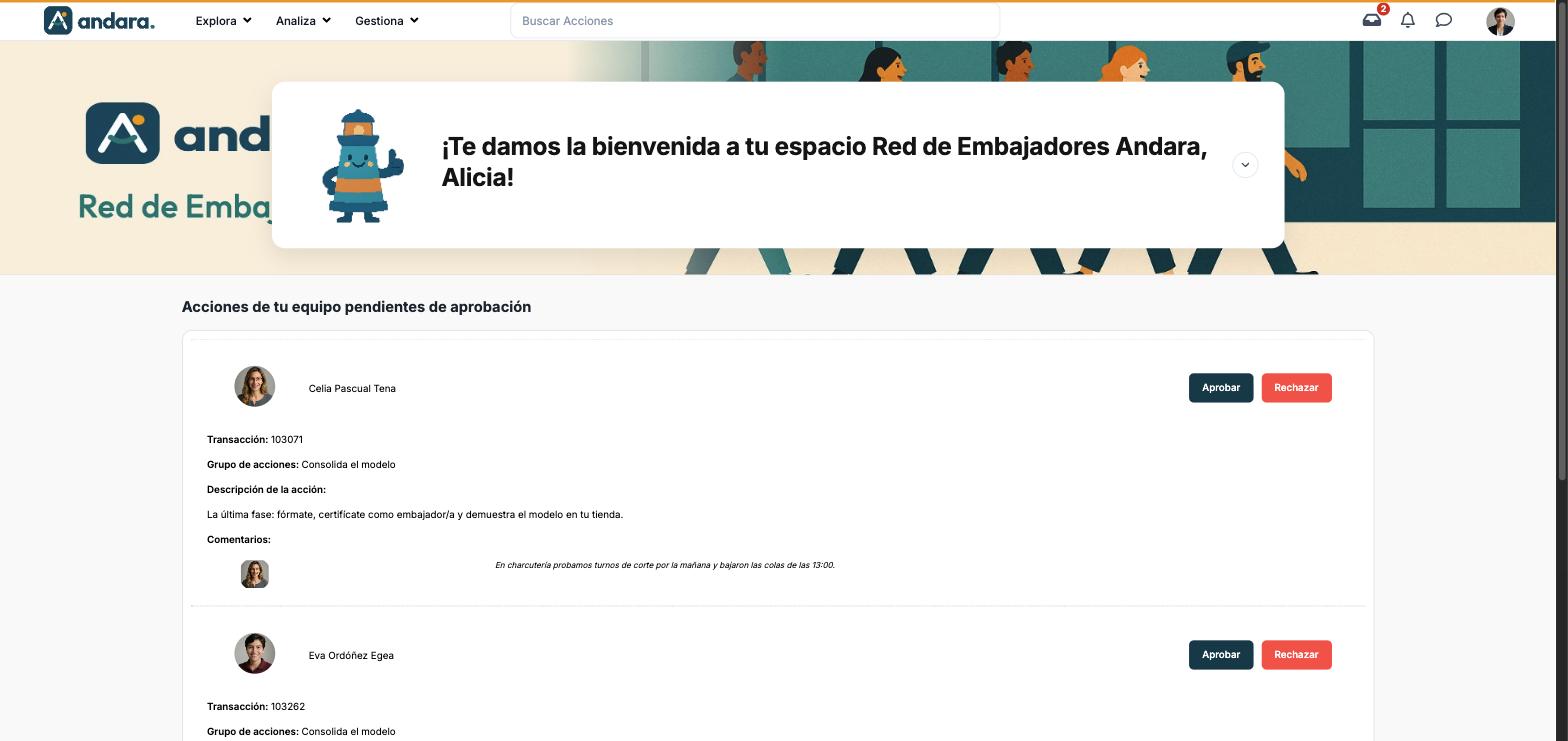 Página de la bandeja con la bienvenida del proyecto y la lista Acciones de tu equipo pendientes de aprobación, con dos tarjetas con Aprobar y Rechazar