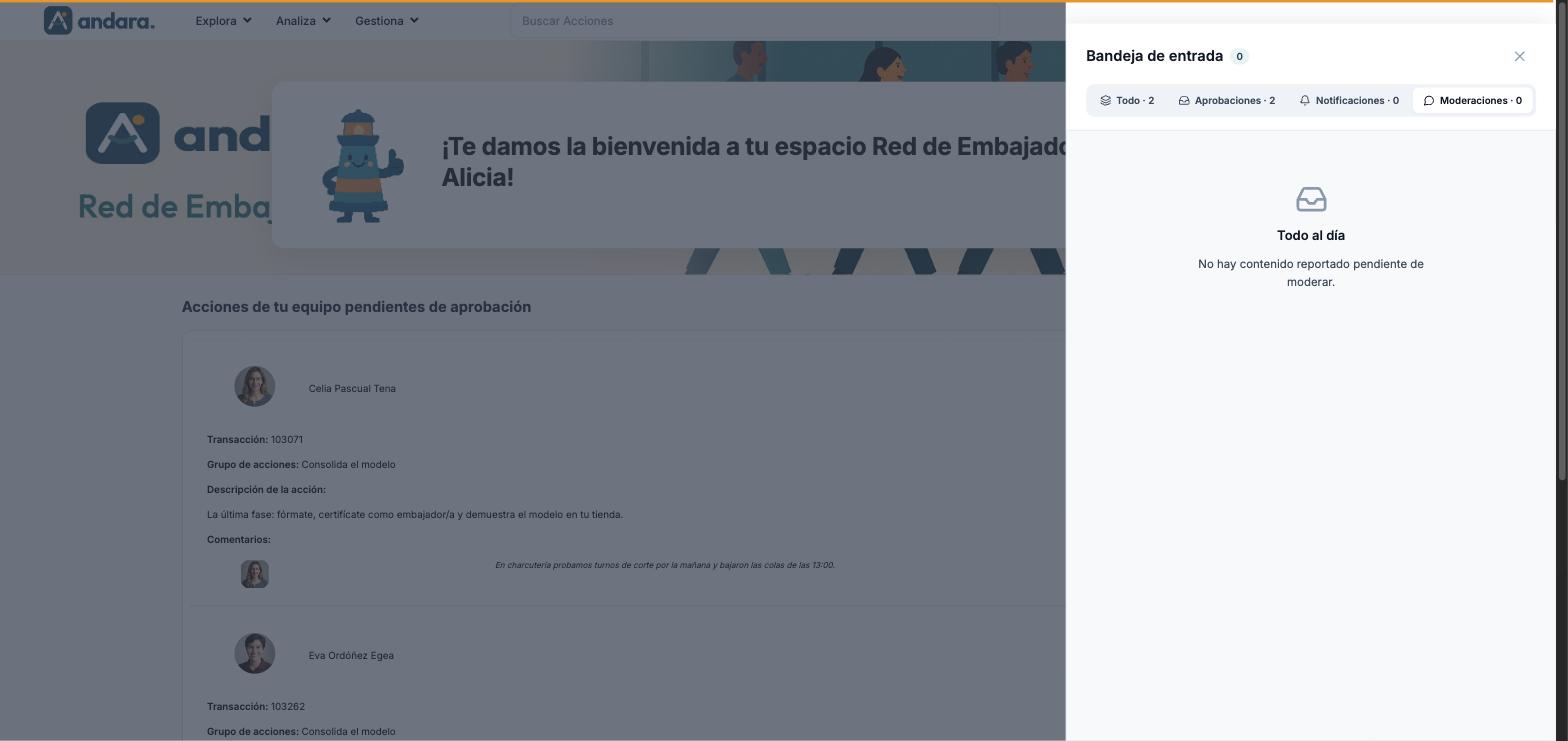 Pestaña Moderaciones vacía con el mensaje Todo al día y No hay contenido reportado pendiente de moderar
