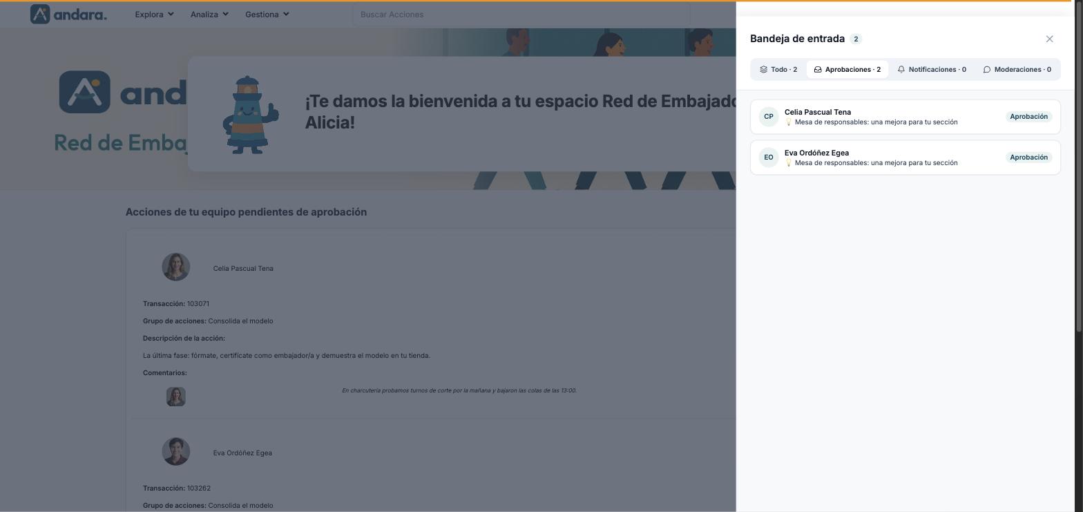 Panel Bandeja de entrada abierto a la derecha, en la pestaña Aprobaciones, con dos acciones pendientes de aprobar