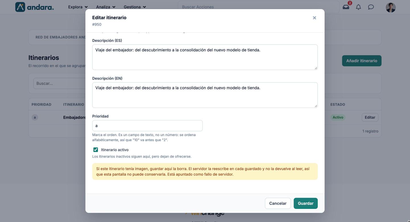 Parte inferior de la ficha Editar itinerario con el aviso amarillo sobre la imagen del itinerario