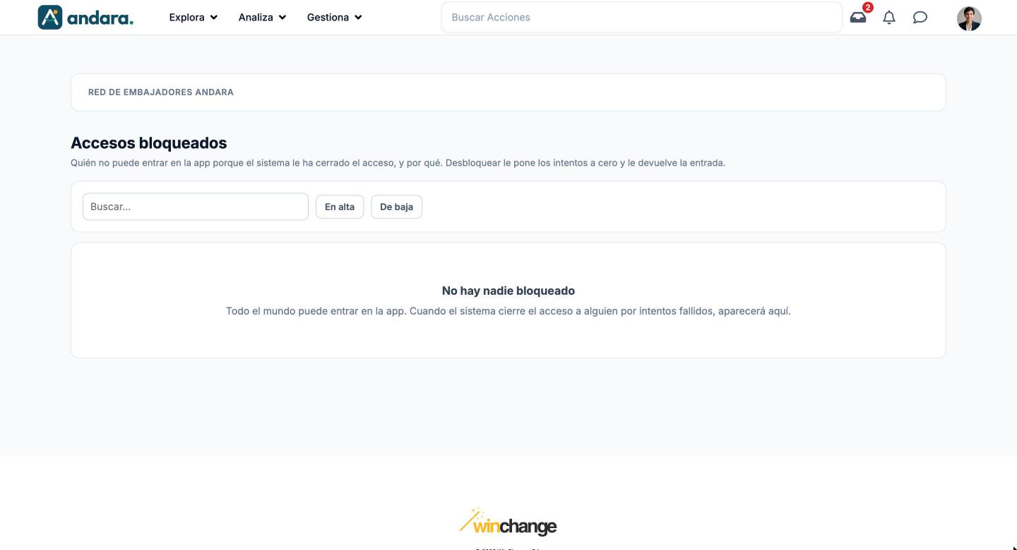 Pantalla Accesos bloqueados con el buscador, los filtros En alta y De baja y el aviso No hay nadie bloqueado